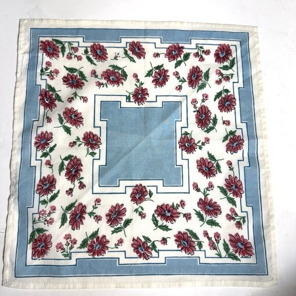 Cotton handkerchief hankie 13 in. by 12-1/4 in. White, Blue with Pink Flowers - Picture 7 of 9